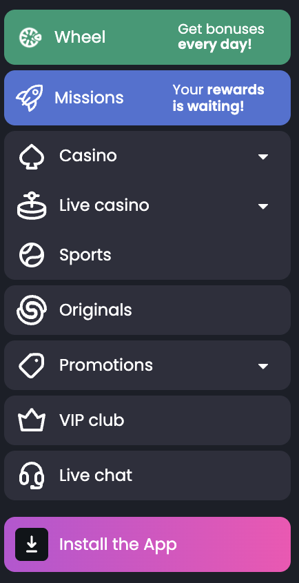 BetSpino Mobiel Menu